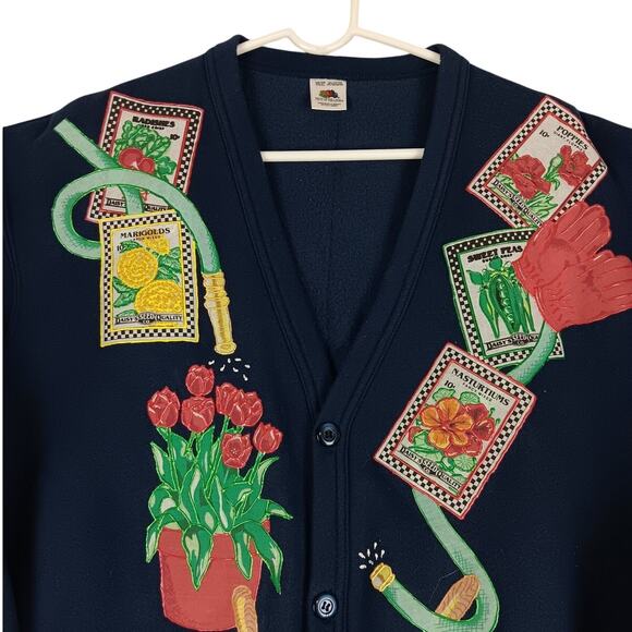 Fruit of the Loom Vintage Sweatshirt Cardigan OSFA Navy Blue Patched Garden Boho - Picture 1 of 13